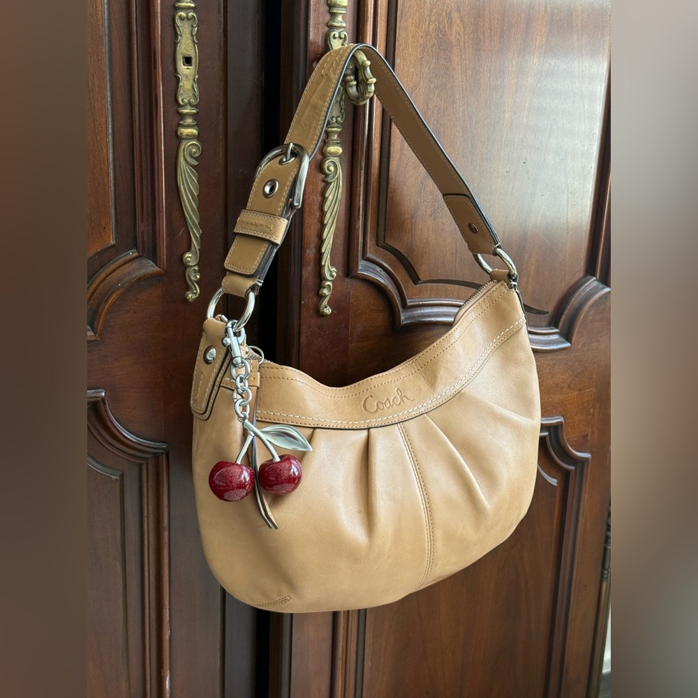 Vintage Coach Tan Leather Hobo Bag with Cherry Charm